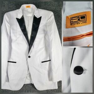 NWOT White Tuxedo Jacket Black Satin‎ Peak Lapel Steven Land 1-Button Formal 42R